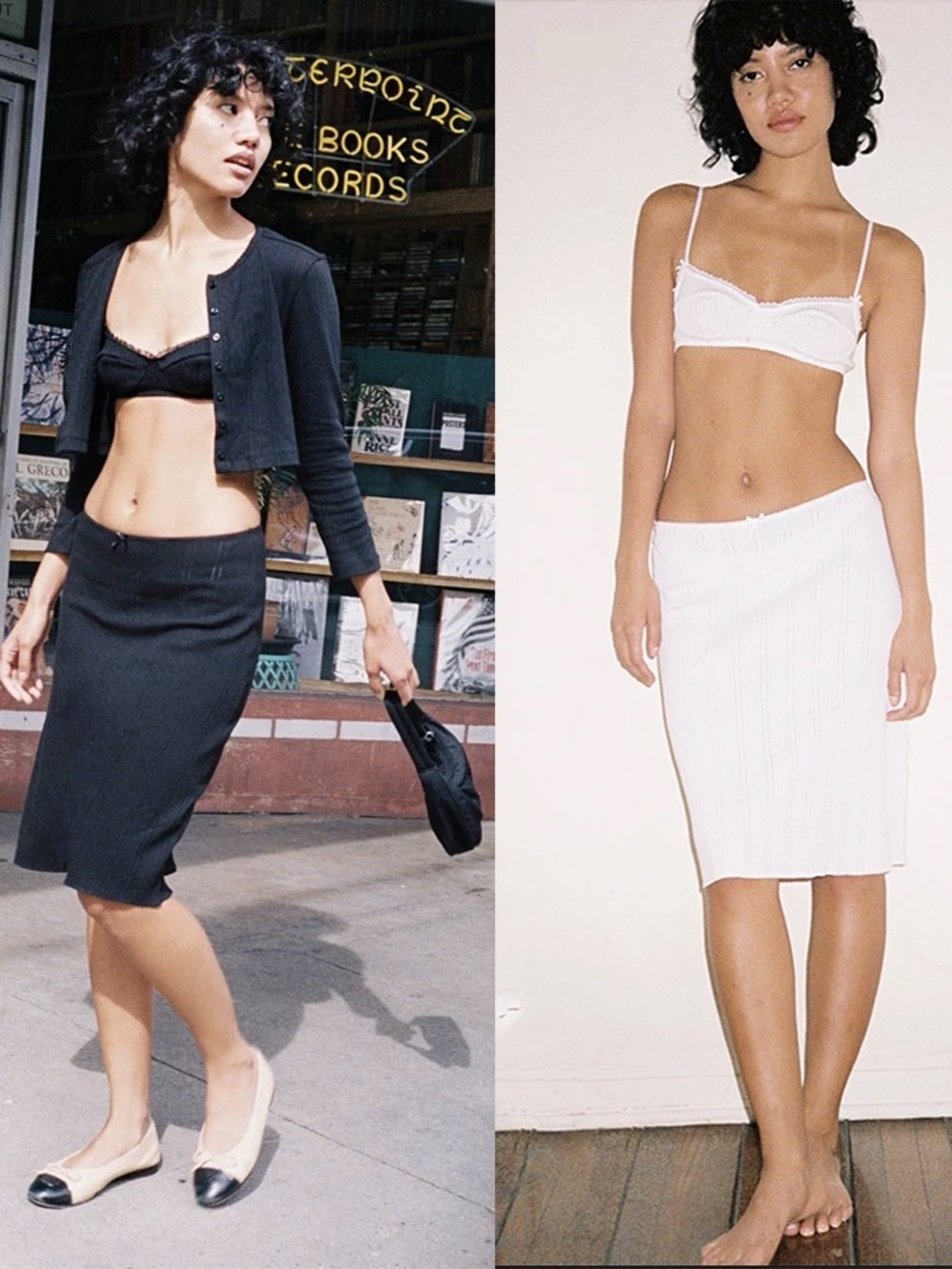 Ribbed Pencil Midi Skirt in Black and White